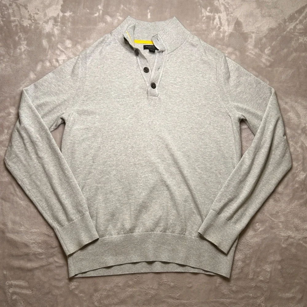 Banana Republic Cotton Cashmere Sweater Mens L Gray Henley Mock Neck Preppy